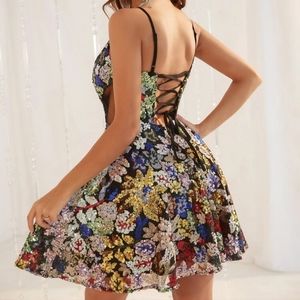 Lace Up Backless Floral Sequin Cami Dress